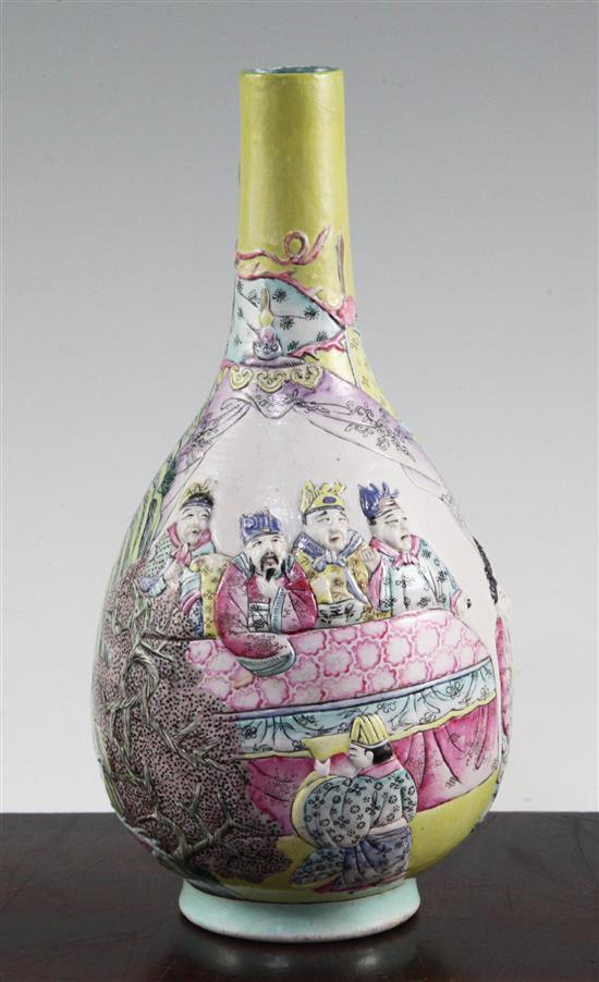 A Chinese moulded and enamelled biscuit porcelain bottle vase, Qianlong seal mark, 19th century, 22.5cm, neck restored